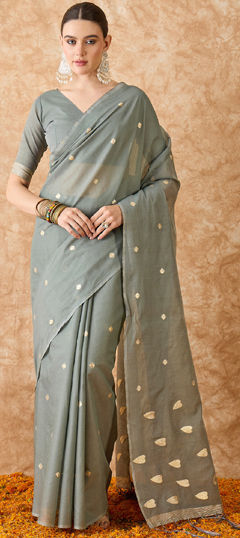 Black and Grey color Saree in Cotton fabric with Weaving, Zari work