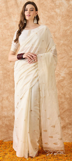 White and Off White color Saree in Cotton fabric with Weaving, Zari work