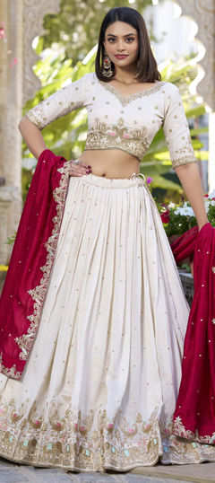 White and Off White color Lehenga in Silk fabric with Embroidered, Sequence, Thread work