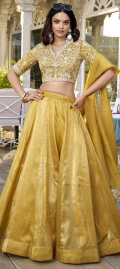 Yellow color Lehenga in Silk fabric with Embroidered, Sequence, Thread work