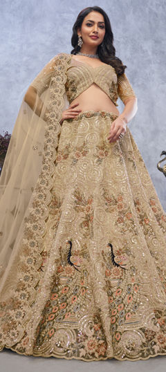 Gold color Lehenga in Net fabric with Embroidered, Sequence, Stone work