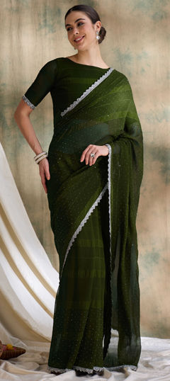 Green color Saree in Art Silk fabric with Lace, Stone, Swarovski work