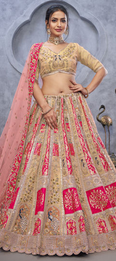 Beige and Brown color Lehenga in Organza Silk fabric with Embroidered, Sequence, Thread work