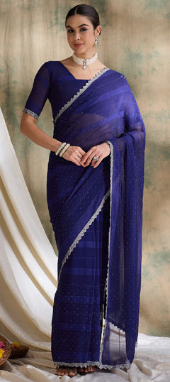 Blue color Saree in Art Silk fabric with Lace, Stone, Swarovski work