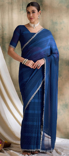 Blue color Saree in Art Silk fabric with Lace, Stone, Swarovski work