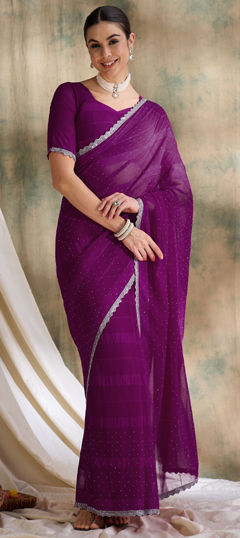 Purple and Violet color Saree in Art Silk fabric with Lace, Stone, Swarovski work