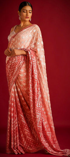 Orange color Saree in Faux Georgette fabric with Embroidered, Sequence, Thread work