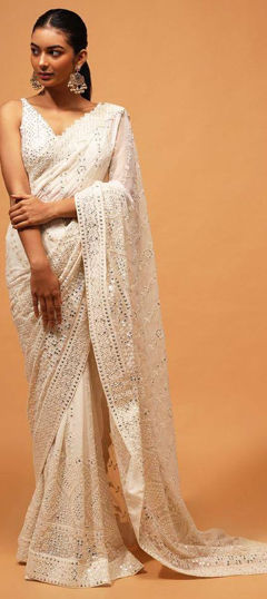 White and Off White color Saree in Faux Georgette fabric with Embroidered, Sequence, Thread work