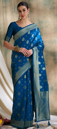 Blue color Saree in Banarasi Silk fabric with Weaving work