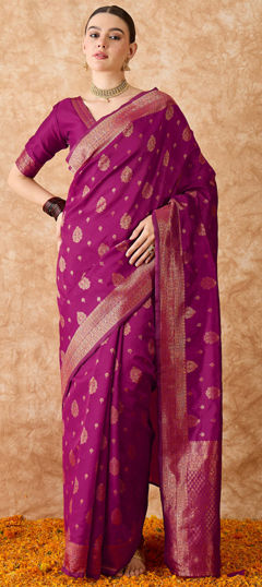 Pink and Majenta color Saree in Banarasi Silk fabric with Weaving work