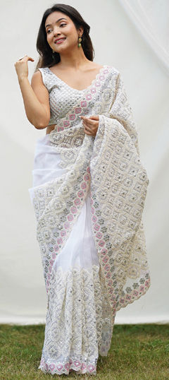 White and Off White color Saree in Organza Silk fabric with Embroidered, Sequence, Thread work