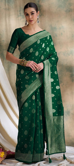 Green color Saree in Banarasi Silk fabric with Weaving work