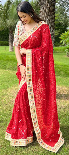 Red and Maroon color Saree in Georgette fabric with Embroidered, Sequence, Thread work