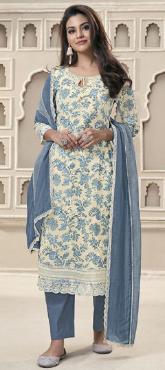 Blue color Salwar Kameez in Organza Silk fabric with Embroidered, Floral, Printed, Thread work