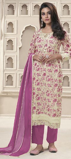 Pink and Majenta color Salwar Kameez in Organza Silk fabric with Embroidered, Floral, Printed, Thread work