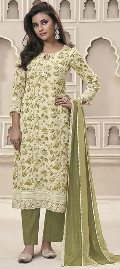 Green color Salwar Kameez in Organza Silk fabric with Embroidered, Floral, Printed, Thread work