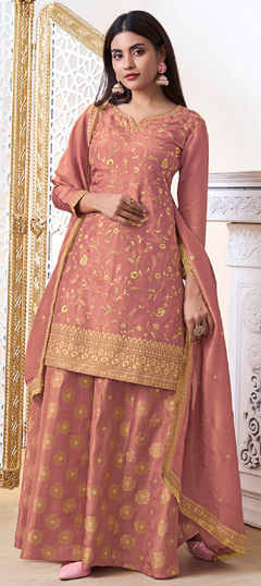 Pink and Majenta color Salwar Kameez in Tissue fabric with Patch work