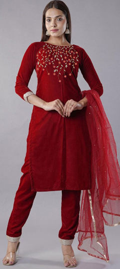 Red and Maroon color Salwar Kameez in Velvet fabric with Embroidered, Thread work