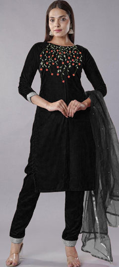 Black and Grey color Salwar Kameez in Velvet fabric with Embroidered, Thread work