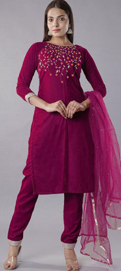 Pink and Majenta color Salwar Kameez in Velvet fabric with Embroidered, Thread work