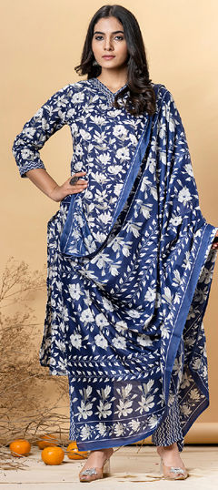 Blue color Salwar Kameez in Cotton fabric with Floral, Printed, Sequence, Thread work