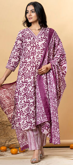 Pink and Majenta color Salwar Kameez in Poly cotton fabric with Printed, Sequence, Thread work