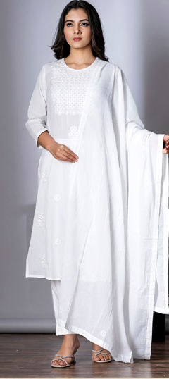 White and Off White color Salwar Kameez in Cotton fabric with Embroidered, Resham, Thread work