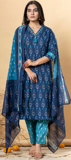 Blue color Salwar Kameez in Cotton fabric with Printed, Sequence work