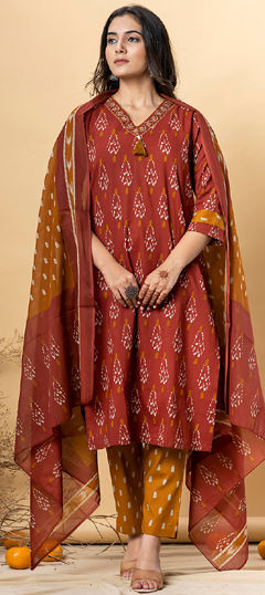 Red and Maroon color Salwar Kameez in Cotton fabric with Printed, Sequence work