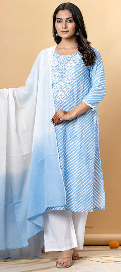 Blue color Salwar Kameez in Cotton fabric with Embroidered, Lehariya, Printed, Resham, Thread work