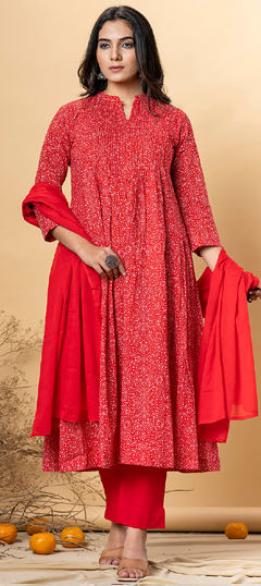 Red and Maroon color Salwar Kameez in Cotton fabric with Bandhej, Printed, Sequence work