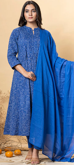 Blue color Salwar Kameez in Cotton fabric with Bandhej, Printed, Sequence work