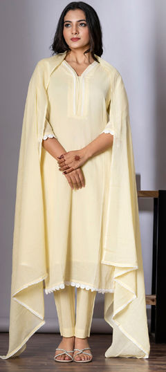 Yellow color Salwar Kameez in Cotton fabric with Lace work