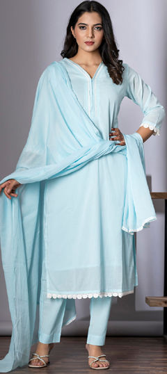 Blue color Salwar Kameez in Cotton fabric with Lace work