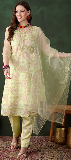 Green color Salwar Kameez in Organza Silk fabric with Printed, Sequence work