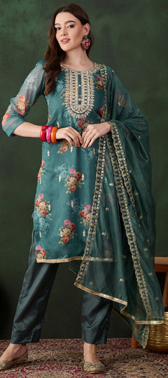 Green color Salwar Kameez in Organza Silk fabric with Digital Print work