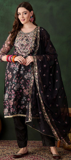 Black and Grey color Salwar Kameez in Organza Silk fabric with Digital Print work