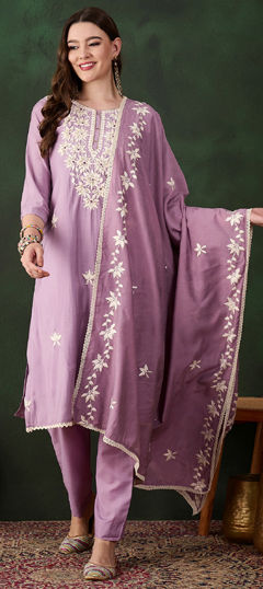 Purple and Violet color Salwar Kameez in Art Silk fabric with Embroidered, Thread work