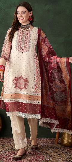 Multicolor color Salwar Kameez in Organza Silk fabric with Digital Print, Mirror, Stone work