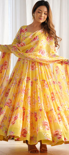 Yellow color Salwar Kameez in Faux Georgette fabric with Floral, Gota Patti, Printed work