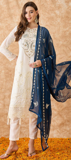 White and Off White color Salwar Kameez in Georgette fabric with Embroidered, Thread work