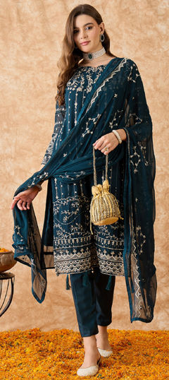 Blue color Salwar Kameez in Georgette fabric with Embroidered, Thread, Zari work