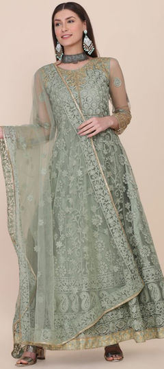 Green color Salwar Kameez in Net fabric with Embroidered, Sequence, Thread, Zari work