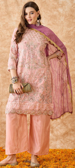 Pink and Majenta color Salwar Kameez in Georgette fabric with Embroidered, Sequence, Thread work