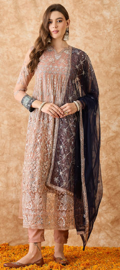 Beige and Brown color Salwar Kameez in Net fabric with Embroidered, Sequence, Thread, Zari work