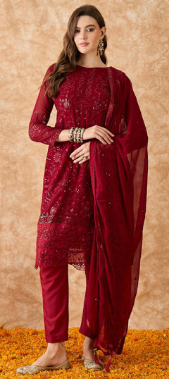 Red and Maroon color Salwar Kameez in Georgette fabric with Embroidered, Sequence, Thread work