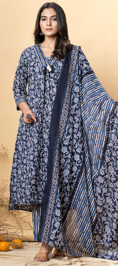 Blue color Salwar Kameez in Cotton fabric with Floral, Printed, Sequence work