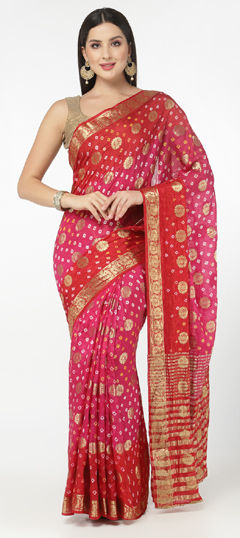 Pink and Majenta color Saree in Art Silk fabric with Bandhej, Printed, Weaving work