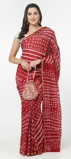 Red and Maroon color Saree in Art Silk fabric with Bandhej, Printed, Weaving work