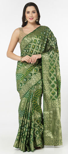 Green color Saree in Art Silk fabric with Bandhej, Printed, Weaving work